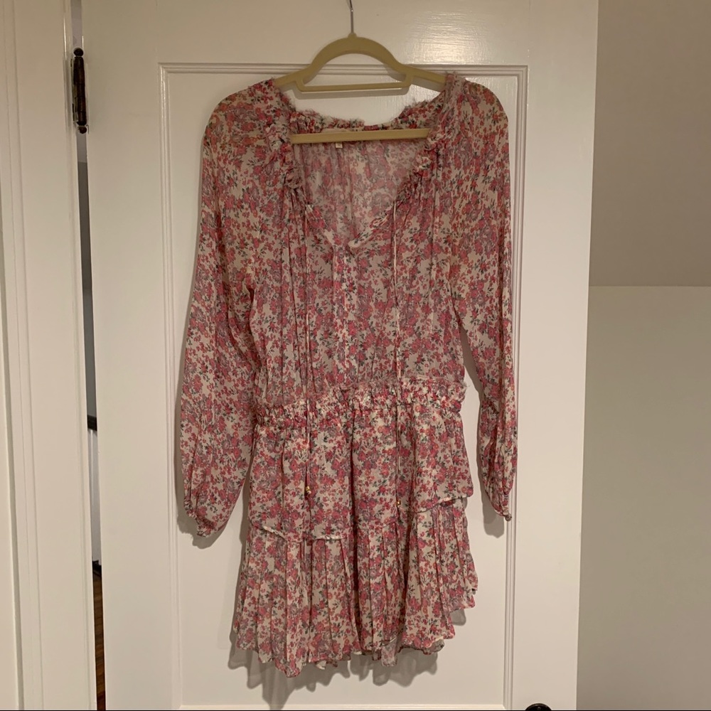 LoveShackFancy Pink Floral Ruffle Tiered Mini Dress